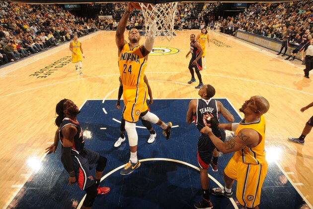 INDIANAPOLIS - APRIL 6: Paul George #24 of the Indiana Pacers goes up for a shot against the Atlanta Hawks at Bankers Life Fieldhouse on April 6, 2014 in Indianapolis, Indiana.  NOTE TO USER: User expressly acknowledges and agrees that, by downloading and or using this Photograph, user is consenting to the terms and condition of the Getty Images License Agreement. Mandatory Copyright Notice: 2014 NBAE  (Photo by Ron Hoskins/NBAE via Getty Images)