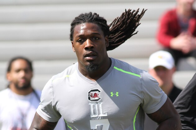 South Carolina defensive end Jadeveon Clowney competes in a drill for NFL representatives at South Carolina football pro day in Columbia, S.C., Wednesday, April 2, 2014. (AP Photo/Mary Ann Chastain) South Carolina defensive end Jadeveon Clowney competes in a drill for NFL representatives at South Carolina football pro day in Columbia, S.C., Wednesday, April 2, 2014. (AP Photo/Mary Ann Chastain)