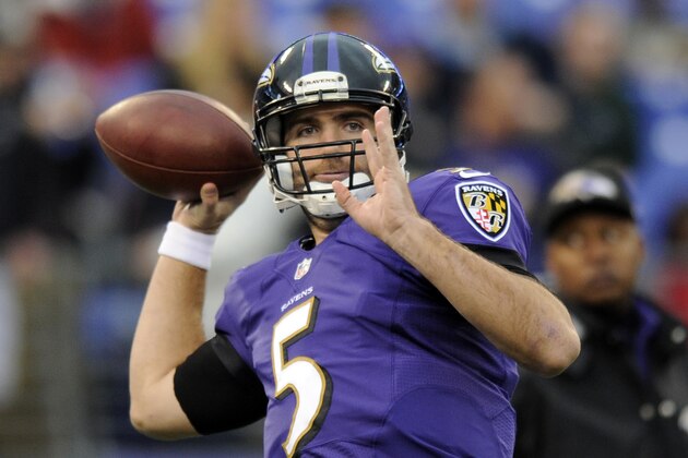 Baltimore Ravens quarterback Joe Flacco warms up before an NFL football game against the New England Patriots, Sunday, Dec. 22, 2013, in Baltimore. (AP Photo/Nick Wass)