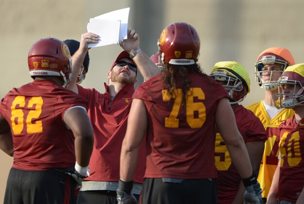 Mar 11, 2014; Los Angeles, CA, USA; Southern California Trojans graduate offensive assistant coach Kyle DeVan at spring practice at Howard Jones Field. Mandatory Credit: Kirby Lee-USA TODAY Sports