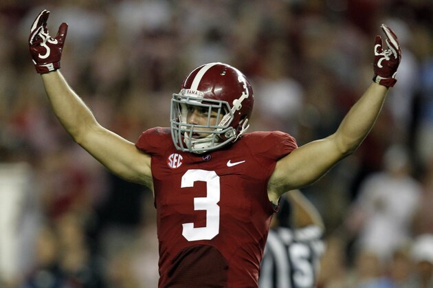 Alabama defensive back Vinnie Sunseri (3) tries to get the crowd to cheer louder during the second half of an NCAA college football game against Mississippi on Saturday, Sept. 28, 2013, in Tuscaloosa, Ala. (AP Photo/Butch Dill)