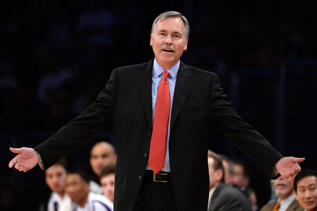 LOS ANGELES, CA - DECEMBER 08: Mike D'Antoni of the Los Angeles Lakers reacts to a call during the game against the Toronto Raptors at Staples Center on December 8, 2013 in Los Angeles, California. NOTE TO USER: User expressly acknowledges and agrees that, by downloading and or using this Photograph, user is consenting to the terms and condition of the Getty Images License Agreement. (Photo by Harry How/Getty Images) LOS ANGELES, CA - DECEMBER 08: Mike D'Antoni of the Los Angeles Lakers reacts to a call during the game against the Toronto Raptors at Staples Center on December 8, 2013 in Los Angeles, California. NOTE TO USER: User expressly acknowledges and agrees that, by downloading and or using this Photograph, user is consenting to the terms and condition of the Getty Images License Agreement. (Photo by Harry How/Getty Images)
