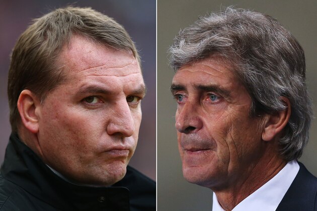 FILE PHOTO - EDITORS NOTE: COMPOSITE OF TWO IMAGES - Image Numbers 159397701 (L) and 459415429) In this composite image a comparison has been made between Brendan Rodgers ,manager of Liverpool (L) and Manuel Pellegrini, manager of Manchester City.  Liverpool and Manchester City meet for a league match on April 13, 2014 at Anfield, Liverpool.
***LEFT IMAGE*** MANCHESTER, ENGLAND - JANUARY 13: Liverpool Manager Brendan Rodgers looks on prior to the Barclays Premier League match between Manchester United and Liverpool at Old Trafford on January 13, 2013 in Manchester, England. (Photo by Alex Livesey/Getty Images) ***RIGHT IMAGE*** MANCHESTER, ENGLAND - DECEMBER 26: Manuel Pellegrini, manager of Manchester City looks on prior to the Barclays Premier League match between Manchester City and Liverpool at Etihad Stadium on December 26, 2013 in Manchester, England. (Photo by Alex Livesey/Getty Images)