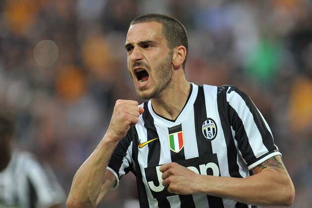 TURIN, ITALY - APRIL 07:  Leonardo Bonucci of Juventus celebrates after his team-mate Fernando Lorente scored their second goal during the Serie A match between Juventus and AS Livorno Calcio at Juventus Arena on April 7, 2014 in Turin, Italy.  (Photo by Valerio Pennicino/Getty Images)
