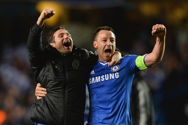 LONDON, ENGLAND - APRIL 08:  Frank Lampard and John Terry of Chelsea celebrate victory during the UEFA Champions League Quarter Final second leg match between Chelsea and Paris Saint-Germain FC at Stamford Bridge on April 8, 2014 in London, England.  (Photo by Mike Hewitt/Getty Images)