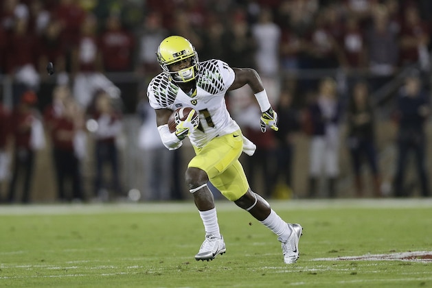 Oregon wide receiver Bralon Addison (11) against Stanford during an NCAA college football game in Stanford, Calif., Thursday, Nov. 7, 2013. (AP Photo/Marcio Jose Sanchez)