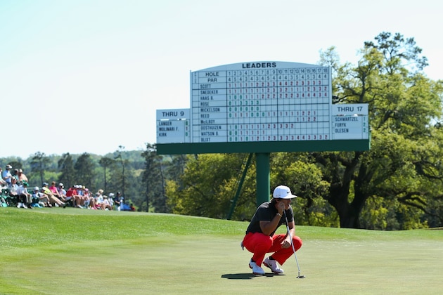 Thorbjorn Olesen, of Denmark, skips a ball across the water on the 16th hole during a practice round for the Masters golf tournament Wednesday, April 9, 2014, in Augusta, Ga. (AP Photo/Chris Carlson)