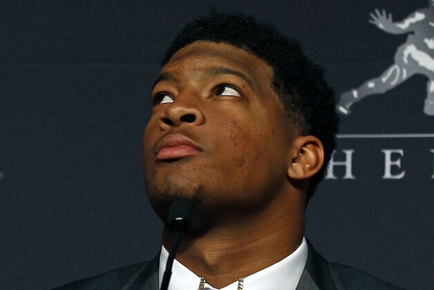 Dec 14, 2013; New York, NY, USA; Florida State Seminoles quarterback Jameis Winston during a press conference before the announcement of the 2013 Heisman Trophy winner at the Marriott Marquis in New York City. Mandatory Credit: Adam Hunger-USA TODAY Sports