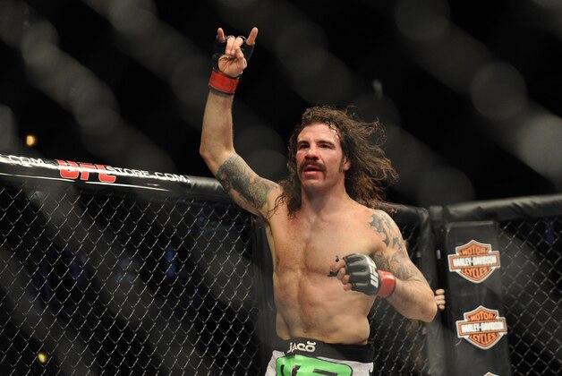 Jan 26, 2013; Chicago, IL, USA; Clay Guida reacts after defeating Hatsu Hioki (not pictured) during UFC on FOX 6 at the United Center.  Mandatory Credit: David Banks-USA TODAY Sports