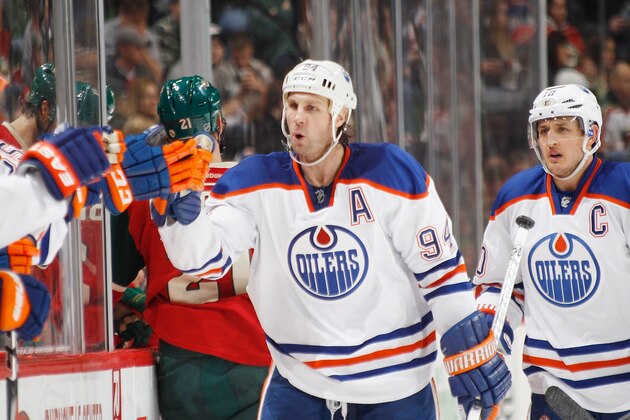 ST. PAUL, MN - DECEMBER 29: Ryan Smyth #94 of the Edmonton Oilers celebrates after scoring a goal against the Minnesota Wild during the game at the Xcel Energy Center on December 29, 2011 in St. Paul, Minnesota. (Photo by Bruce Kluckhohn/NHLI via Getty Images) ST. PAUL, MN - DECEMBER 29: Ryan Smyth #94 of the Edmonton Oilers celebrates after scoring a goal against the Minnesota Wild during the game at the Xcel Energy Center on December 29, 2011 in St. Paul, Minnesota. (Photo by Bruce Kluckhohn/NHLI via Getty Images)