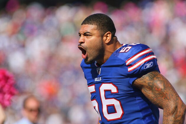 ORCHARD PARK, NY - OCTOBER 09: Shawne Merriman #56 of the Buffalo Bills reacts as he walks on the field against the Philadelphia Eagles  at Ralph Wilson Stadium on October 9, 2011 in Orchard Park, New York.Buffalo won 31-24.  (Photo by Rick Stewart/Getty Images)