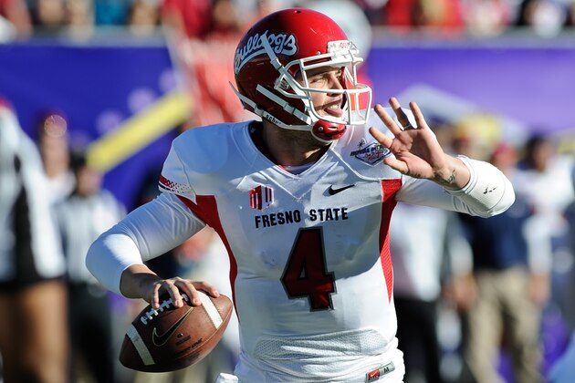 Fresno State quarterback Derek Carr looks to throw the ball against Southern California during the second quarter of the Royal Purple Bowl NCAA college football game, Saturday, Dec. 21, 2013, in Las Vegas. (AP Photo/David Cleveland)