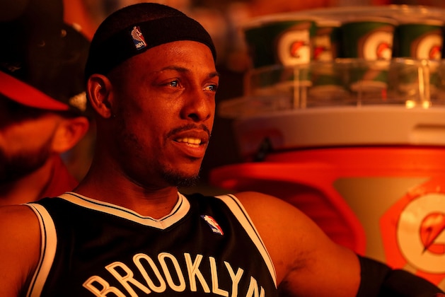 MIAMI, FL - APRIL 08:  Paul Pierce #34 of the Brooklyn Nets looks on during a game against the Miami Heat at AmericanAirlines Arena on April 8, 2014 in Miami, Florida. NOTE TO USER: User expressly acknowledges and agrees that, by downloading and/or using this photograph, user is consenting to the terms and conditions of the Getty Images License Agreement. Mandatory copyright notice:  (Photo by Mike Ehrmann/Getty Images)