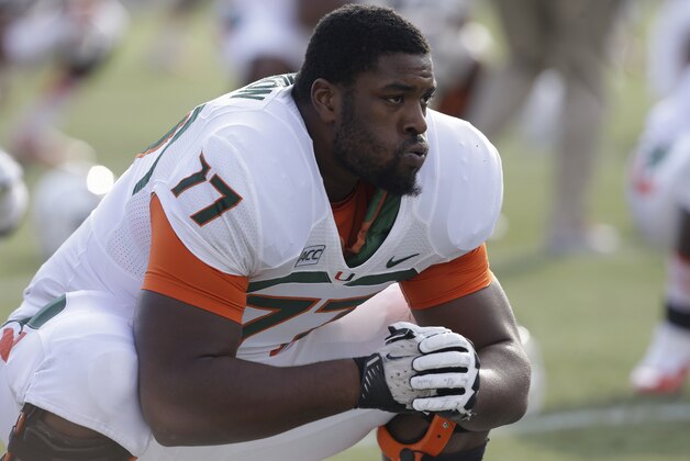Miami's Seantrel Henderson (77) stretches during pre-game warmups prior to an NCAA college football game against Duke in Durham, N.C., Saturday, Nov. 16, 2013. (AP Photo/Gerry Broome)