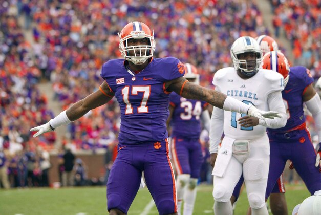 Nov 23, 2013; Clemson, SC, USA; Clemson Tigers defensive back Bashaud Breeland (17) celebrates after making a hit during the second quarter against the Citadel Bulldogs at Clemson Memorial Stadium. Mandatory Credit: Joshua S. Kelly-USA TODAY Sports