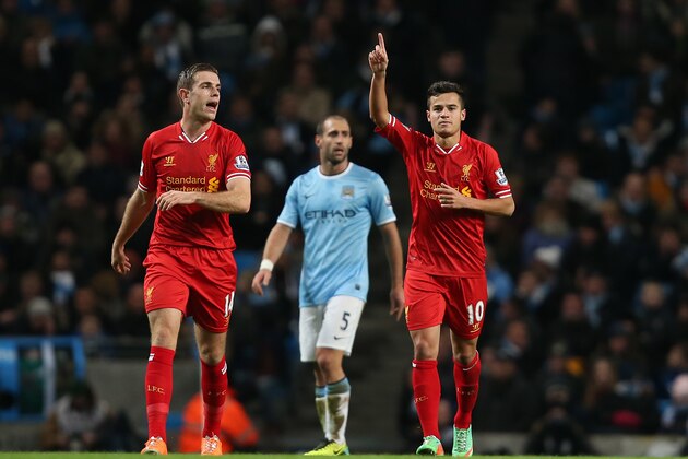 MANCHESTER, ENGLAND - DECEMBER 26:  Philippe Coutinho of Liverpool celebrates his goal during the Barclays Premier League match between Manchester City and Liverpool at the Etihad Stadium on December 26, 2013 in Manchester, England.  (Photo by Jan Kruger/Getty Images)