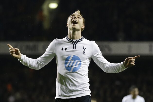 Tottenham's  Christian Eriksen celebrates scoring a goal during the English Premier League soccer match between Tottenham Hotspur and Sunderland at White Hart Lane stadium in London, Monday, April 7, 2014. (AP Photo/Kirsty Wigglesworth)