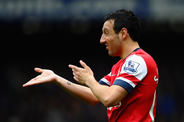 LIVERPOOL, ENGLAND - APRIL 06:  Santi Cazorla of Arsenal  reacts during the Barclays Premier League match between Everton and Arsenal at Goodison Park on April 6, 2014 in Liverpool, England.  (Photo by Laurence Griffiths/Getty Images)