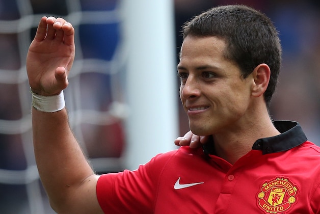 Manchester United's Javier Hernandez celebrates his goal during their English Premier League soccer match against Newcastle United at St James' Park, Newcastle, England, Saturday, April 5, 2014. (AP Photo/Scott Heppell)