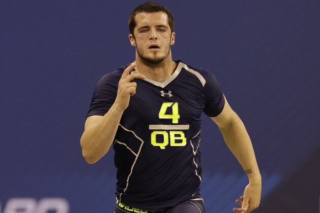 Fresno State quarterback Derek Carr runs a drill at the NFL football scouting combine in Indianapolis, Sunday, Feb. 23, 2014. (AP Photo/Nam Y. Huh) Fresno State quarterback Derek Carr runs a drill at the NFL football scouting combine in Indianapolis, Sunday, Feb. 23, 2014. (AP Photo/Nam Y. Huh)