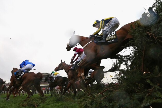 LIVERPOOL, ENGLAND - APRIL 05: Kruzhlinin ridden by Wilson Renwick jumps The Chair during the Crabbie's Grand National Steeple Chase at Aintree Racecourse on April 5, 2014 in Liverpool, England.  (Photo by Alex Livesey/Getty Images)