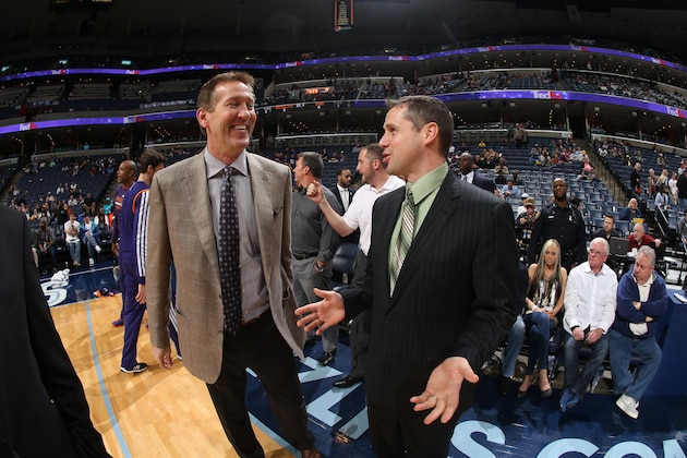 MEMPHIS, TN - DECEMBER 3: Jeff Hornacek of the Phoenix Suns and David Joerger of the Memphis Grizzlies greet each other before the game on December 3, 2013 at FedExForum in Memphis, Tennessee. NOTE TO USER: User expressly acknowledges and agrees that, by downloading and or using this photograph, User is consenting to the terms and conditions of the Getty Images License Agreement. Mandatory Copyright Notice: Copyright 2013 NBAE (Photo by Joe Murphy/NBAE via Getty Images)