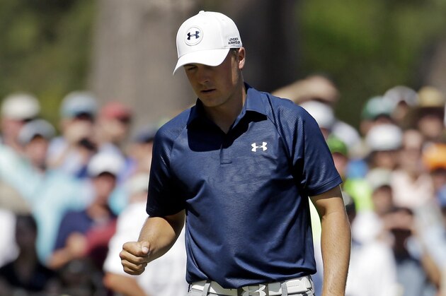 Jordan Spieth pumps his fist after a birdie putt on the sixth hole during the third round of the Masters golf tournament Saturday, April 12, 2014, in Augusta, Ga. (AP Photo/Darron Cummings)