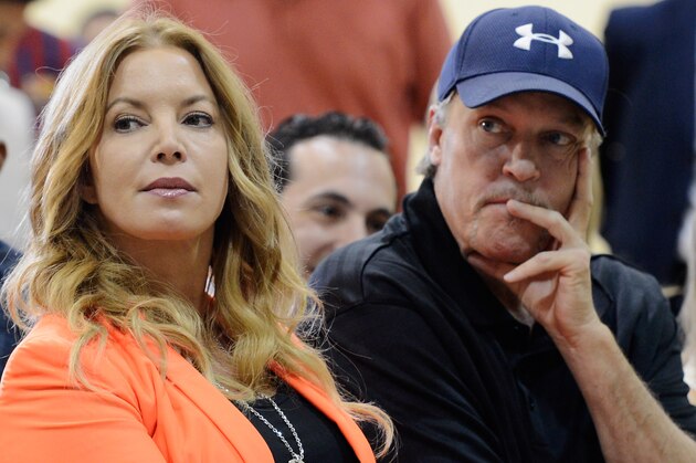 EL SEGUNDO, CA - AUGUST 10:  Jim Buss and his sister Jeanie Buss of the Los Angeles Lakers attend a news conference where Dwight Howard was introduced as the newest member of the team at the Toyota Sports Center on August 10, 2012 in El Segundo, California. The Lakers acquired Howard from Orlando Magic in a four-team trade. In addition Lakers will receive Chris Duhon and Earl Clark from the Magic.  (Photo by Kevork Djansezian/Getty Images)