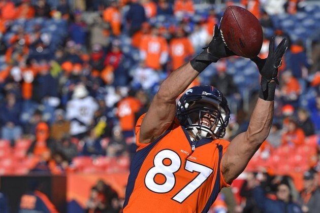 Denver Broncos wide receiver Eric Decker (87) catches a pass during warmups before playing against the San Diego Chargers in an NFL AFC division playoff football game, Sunday, Jan. 12, 2014, in Denver. (AP Photo/Jack Dempsey)
