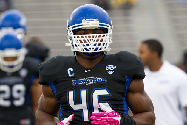 Oct 19, 2013; Buffalo, NY, USA; Buffalo Bulls linebacker Khalil Mack (46) before a game against the Massachusetts Minutemen at University of Buffalo Stadium. Mandatory Credit: Timothy T. Ludwig-USA TODAY Sports Oct 19, 2013; Buffalo, NY, USA; Buffalo Bulls linebacker Khalil Mack (46) before a game against the Massachusetts Minutemen at University of Buffalo Stadium. Mandatory Credit: Timothy T. Ludwig-USA TODAY Sports