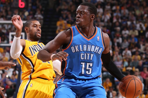 Indianapolis, IN - APRIL 13:  Reggie Jackson #15 of the Oklahoma City Thunder handles the ball against the Indiana Pacers on April 13, 2014 at the Bankers Life Fieldhouse in Indianapolis, Indiana. NOTE TO USER: User expressly acknowledges and agrees that, by downloading and/or using this photograph, user is consenting to the terms and conditions of the Getty Images License Agreement.  Mandatory Copyright Notice: Copyright 2014 NBAE (Photo by Gary Dineen/NBAE via Getty Images)