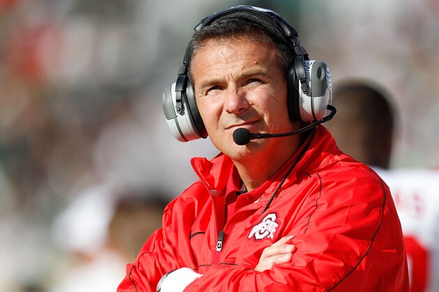 EAST LANSING, MI - SEPTEMBER 29:  Head coach Urban Meyer of the Ohio State Buckeyes looks on while playing the Michigan State Spartans at Spartan Stadium on September 29, 2012 in East Lansing, Michigan. (Photo by Gregory Shamus/Getty Images)