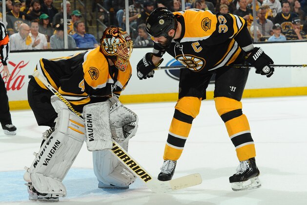 BOSTON, MA - JUNE 5 : Tuukka Rask #40 and Zdeno Chara #33 of the Boston Bruins talk before a face off against the Pittsburgh Penguins in Game Three of the Eastern Conference Final during the 2013 NHL Stanley Cup Playoffs at TD Garden on June 5, 2013 in Boston, Massachusetts. (Photo by Steve Babineau/NHLI via Getty Images)