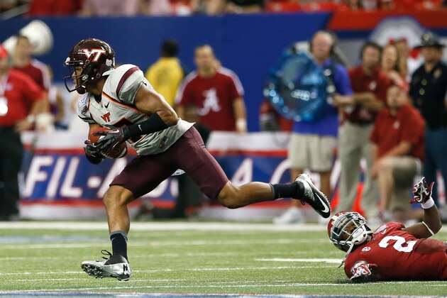 ATLANTA, GA - AUGUST 31:  Kyle Fuller #17 of the Virginia Tech Hokies intercepts a pass intended for DeAndrew White #2 of the Alabama Crimson Tide at Georgia Dome on August 31, 2013 in Atlanta, Georgia.  (Photo by Kevin C. Cox/Getty Images)