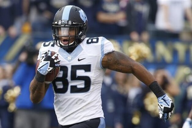 North Carolina tight end Eric Ebron (85) in action in an NCAA football game between Pittsburgh and North Carolina, Saturday, Nov. 16, 2013 in Pittsburgh. (AP Photo/Keith Srakocic)