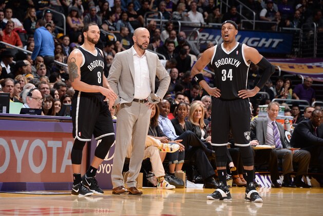 LOS ANGELES, CA - FEBRUARY 23:  Deron Williams #8, Jason Kidd and Paul Pierce #34 of the Brooklyn Nets stand on the court against the Los Angeles Lakers at STAPLES Center on February 23, 2014 in Los Angeles, California. NOTE TO USER: User expressly acknowledges and agrees that, by downloading and/or using this Photograph, user is consenting to the terms and conditions of the Getty Images License Agreement. Mandatory Copyright Notice: Copyright 2014 NBAE (Photo by Andrew D. Bernstein/NBAE via Getty Images)