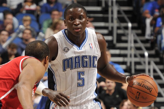 ORLANDO, FL - APRIL 11: Victor Oladipo #5 of the Orlando Magic dribbles up the court against the Washington Wizards during the game on April 11, 2014 at Amway Center in Orlando, Florida. NOTE TO USER: User expressly acknowledges and agrees that, by downloading and or using this photograph, User is consenting to the terms and conditions of the Getty Images License Agreement. Mandatory Copyright Notice: Copyright 2014 NBAE  (Photo by Fernando Medina/NBAE via Getty Images)