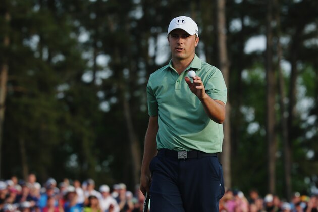 Jordan Spieth pumps his fist after a birdie putt on the second hole during the fourth round of the Masters golf tournament Sunday, April 13, 2014, in Augusta, Ga. (AP Photo/Matt Slocum)