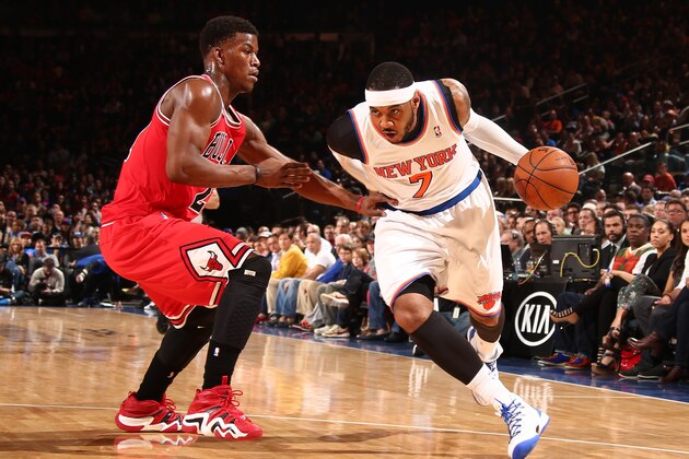 NEW YORK, NY - APRIL 13: Carmelo Anthony #7 of the New York Knicks drives against the Chicago Bulls during a game at Madison Square Garden in New York City on April 13, 2014.  NOTE TO USER: User expressly acknowledges and agrees that, by downloading and or using this photograph, User is consenting to the terms and conditions of the Getty Images License Agreement. Mandatory Copyright Notice: Copyright 2014 NBAE  (Photo by Nathaniel S. Butler/NBAE via Getty Images)