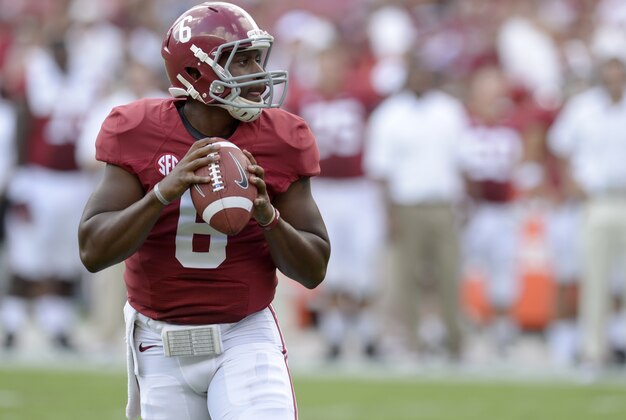Oct 5, 2013; Tuscaloosa, AL, USA; Alabama Crimson Tide quarterback Blake Sims (6) rolls out looking for a receiver against the Georgia State Panthers during the second quarter at Bryant-Denny Stadium. Mandatory Credit: John David Mercer-USA TODAY Sports Oct 5, 2013; Tuscaloosa, AL, USA; Alabama Crimson Tide quarterback Blake Sims (6) rolls out looking for a receiver against the Georgia State Panthers during the second quarter at Bryant-Denny Stadium. Mandatory Credit: John David Mercer-USA TODAY Sports