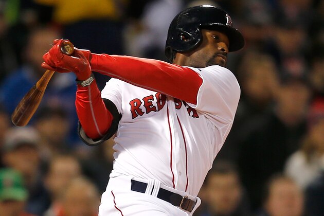 BOSTON, MA - APRIL 7:  Jackie Bradley Jr. #25 of the Boston Red Sox knocks in a run in the second inning against  the Texas Rangers at Fenway Park on April 7, 2014 in Boston, Massachusetts.  (Photo by Jim Rogash/Getty Images)
