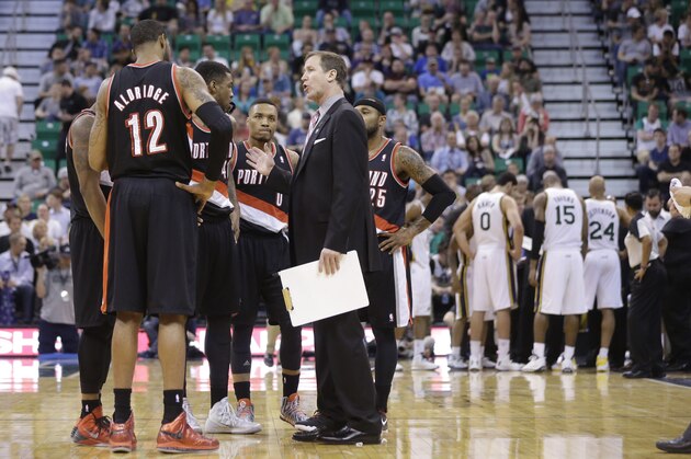 Portland Trail Blazers' head coach Terry Stotts talks with his team in the second half during an NBA basketball game against the Utah Jazz Friday, April 11, 2014, in Salt Lake City. The Trail Blazers won 111-99. (AP Photo/Rick Bowmer) Portland Trail Blazers' head coach Terry Stotts talks with his team in the second half during an NBA basketball game against the Utah Jazz Friday, April 11, 2014, in Salt Lake City. The Trail Blazers won 111-99. (AP Photo/Rick Bowmer)