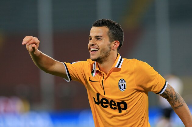 Juventus' Sebastian Giovinco react after scoring during the Serie A soccer match between Udinese and Juventus at the Friuli Stadium in Udine, Italy, Monday, April 14 2014. (AP Photo/Paolo Giovannini)