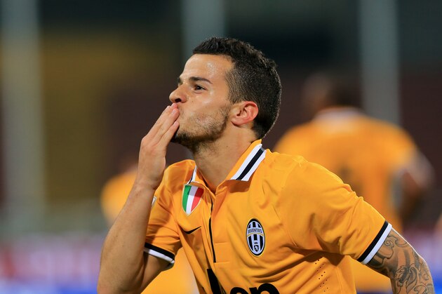 Juventus's Sebastian Giovinco celebrates after scoring during the Serie A soccer match between Udinese and Juventus at the Friuli Stadium in Udine, Italy, Monday, April 14 2014. (AP Photo/Paolo Giovannini)