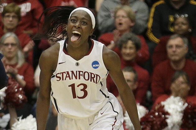 Stanford forward Chiney Ogwumike (13) celebrates after scoring against Penn State during the second half of a regional semifinal game at the NCAA college basketball tournament in Stanford, Calif., Sunday, March 30, 2014. Stanford won 82-57. (AP Photo/Jeff Chiu)