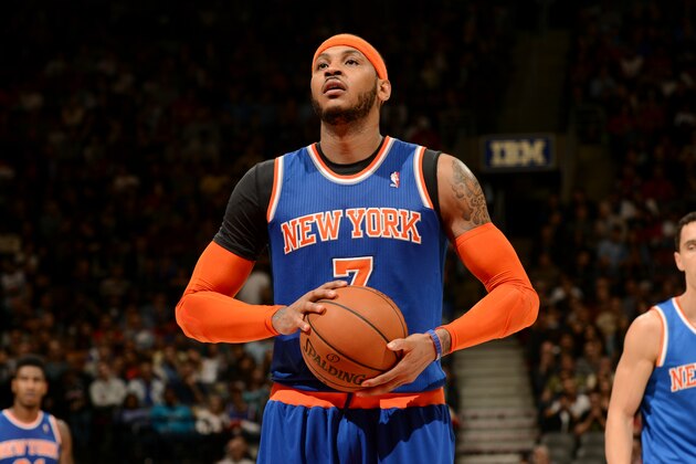 TORONTO, CANADA - April 11: Carmelo Anthony #7 of the New York Knicks attempts a free throw against the Toronto Raptors on April 11, 2014 at the Air Canada Centre in Toronto, Ontario, Canada.  NOTE TO USER: User expressly acknowledges and agrees that, by downloading and or using this Photograph, user is consenting to the terms and conditions of the Getty Images License Agreement.  Mandatory Copyright Notice: Copyright 2014 NBAE (Photo by Ron Turenne/NBAE via Getty Images)
