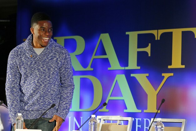 Jan 31, 2014; New York, NY, USA; Actor Chadwick Boseman arrives at a news conference about the movie 'Draft Day' at the Sheraton in Time Square. Mandatory Credit: Adam Hunger-USA TODAY Sports