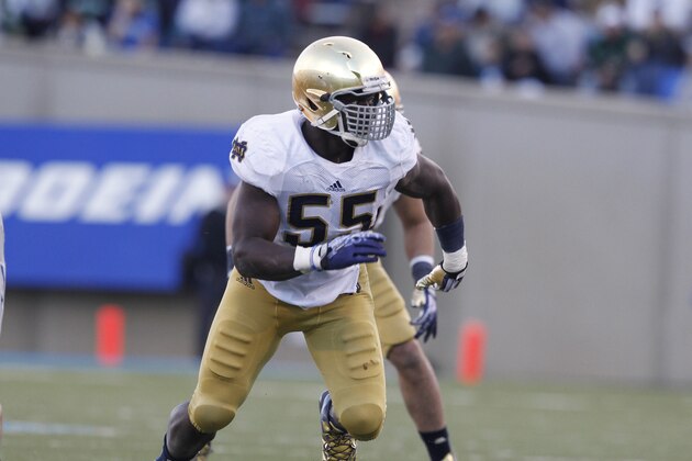 Notre Dame linebacker Prince Shembo follows play against Air Force in the third quarter of Notre Dame's 45-20 victory in an NCAA football game at the Air Force Academy, Colo., on Saturday, Oct. 26, 2013. (AP Photo/David Zalubowski)