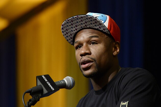 LAS VEGAS, NV - MARCH 8: Floyd Mayweather Jr. announces his upcoming Marcos 'El Chino' Maidana  during a news conference at at the MGM Grand Hotel/Casino March 8, 2014, in Las Vegas, Nevada. (Photo by Kevork Djansezian/Getty Images)