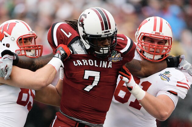 ORLANDO, FL - JANUARY 01:  Jadeveon Clowney #7 of the South Carolina Gamecocks in action during their game against the Wisconsin Badgers at the Capital One Bowl on January 1, 2014 in Orlando, Florida.  (Photo by Scott Halleran/Getty Images)